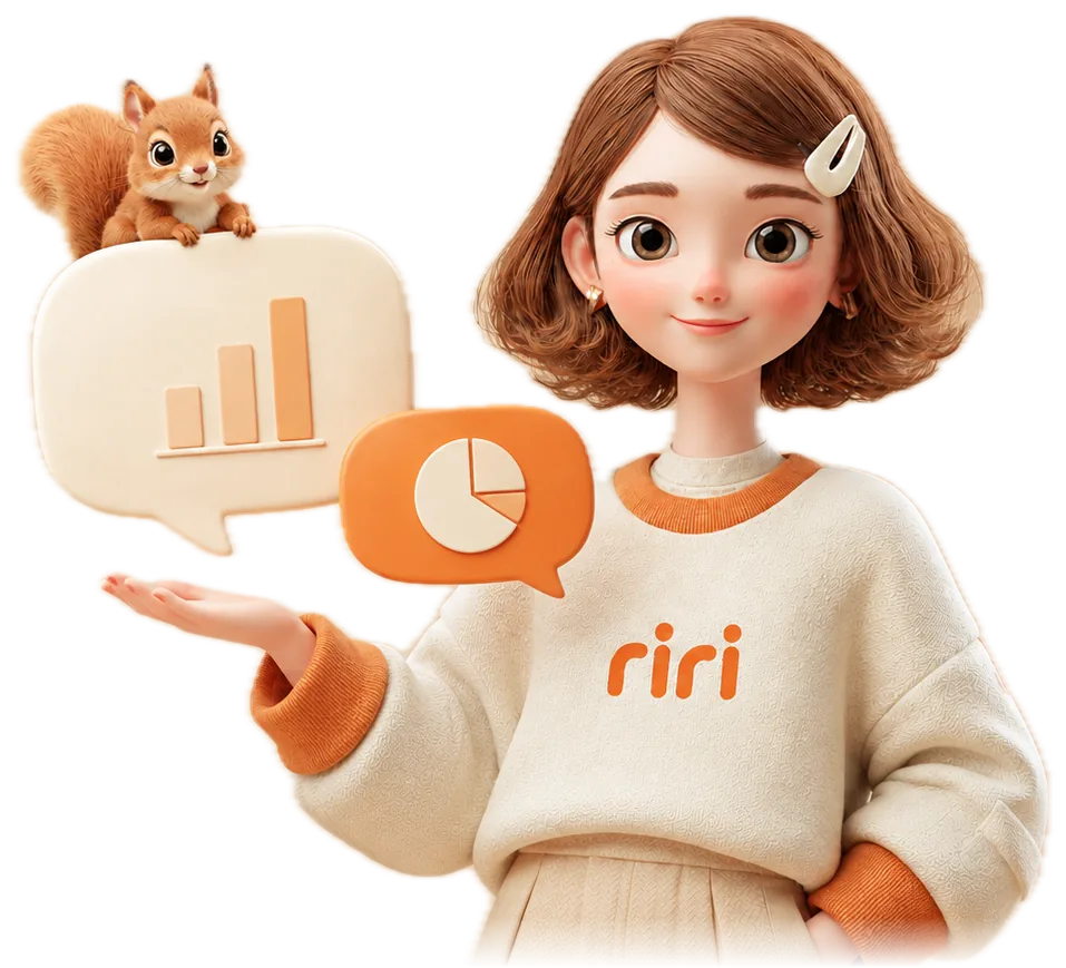riri(経理担当)と相棒のリスが、数字の吹き出しを差し出している